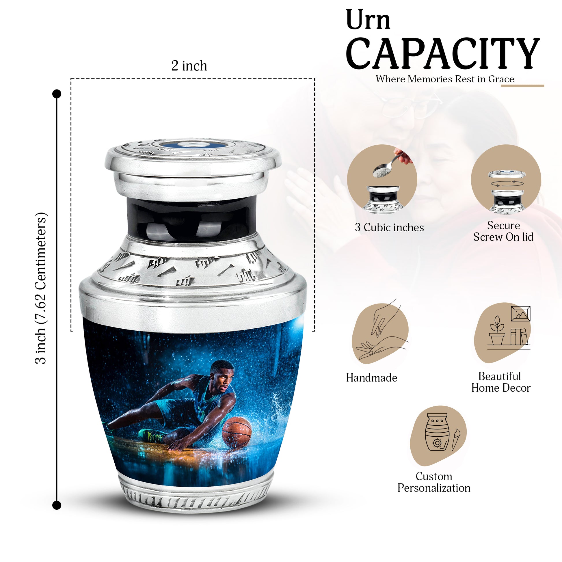 Rich Black Basketball Cremation Urn top-down view of secure threaded lid - modern art-inspired basketball motif on sleek aluminum - mini keepsake memorial for portion of cremation ashes