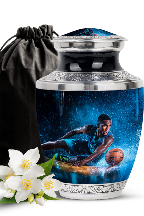 Deep Black Basketball Cremation Urn side profile showing urn shape - modern art-inspired basketball motif on sleek aluminum - full-size 10 inch 200 cubic inch adult cremation urn