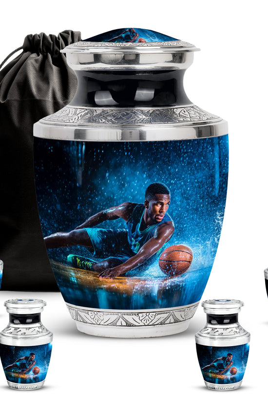 Glossy Black Basketball Cremation Urn lifestyle display on memorial shelf - contemporary basketball design with modern artistic flair - memorial set with one large and four small urns