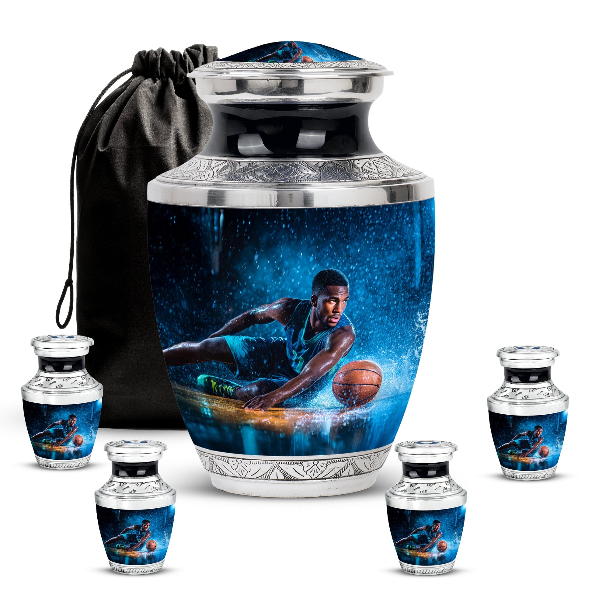 Glossy Black Basketball Cremation Urn lifestyle display on memorial shelf - contemporary basketball design with modern artistic flair - memorial set with one large and four small urns