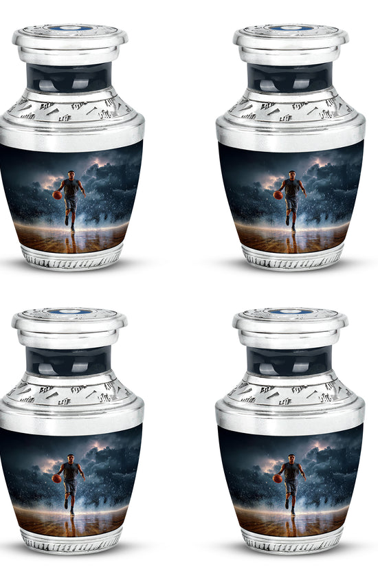 Serene Blue Basketball Cremation Urn back view with polished surface - artistic basketball interpretation with creative detail - 10 inch aluminum urn for cremated remains