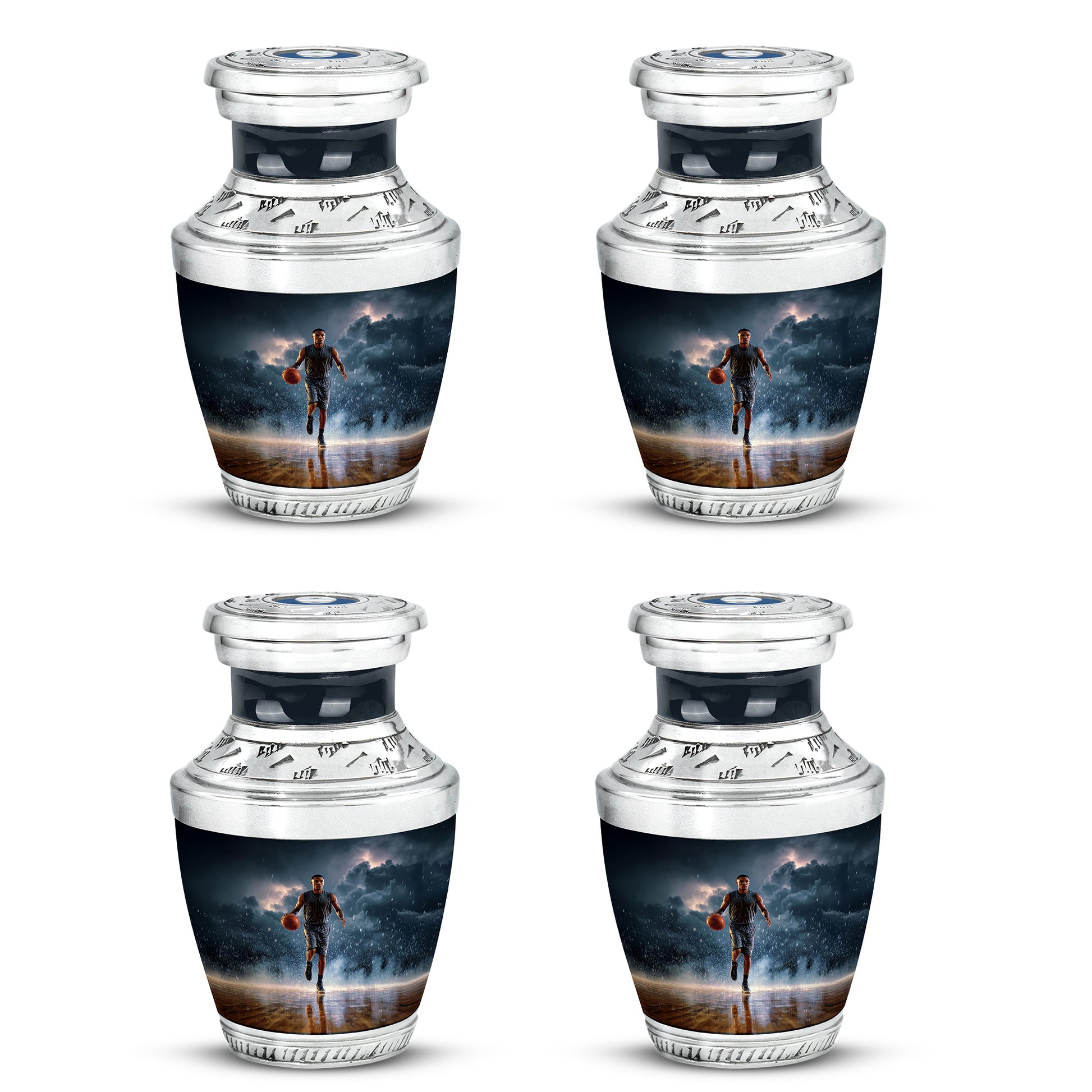 Serene Blue Basketball Cremation Urn back view with polished surface - artistic basketball interpretation with creative detail - 10 inch aluminum urn for cremated remains