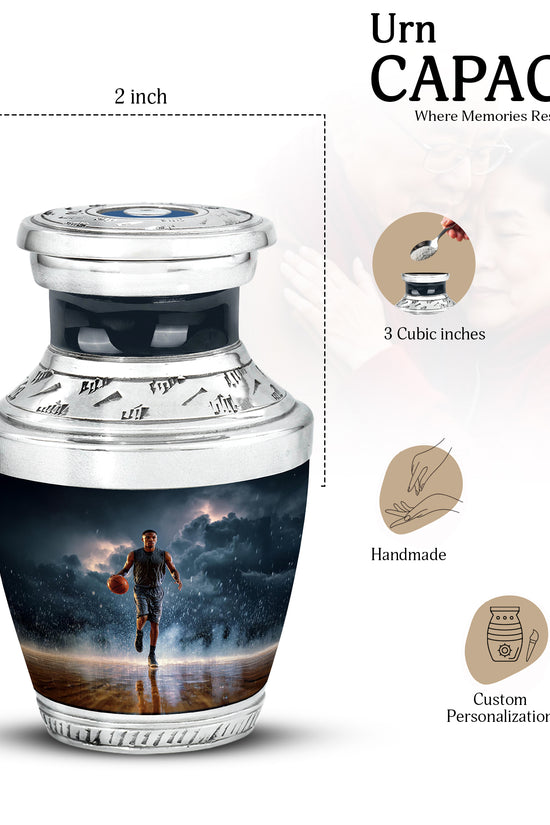 Cornflower Blue Basketball Cremation Urn top-down view of secure threaded lid - artistic basketball interpretation with creative detail - mini keepsake memorial for portion of cremation ashes