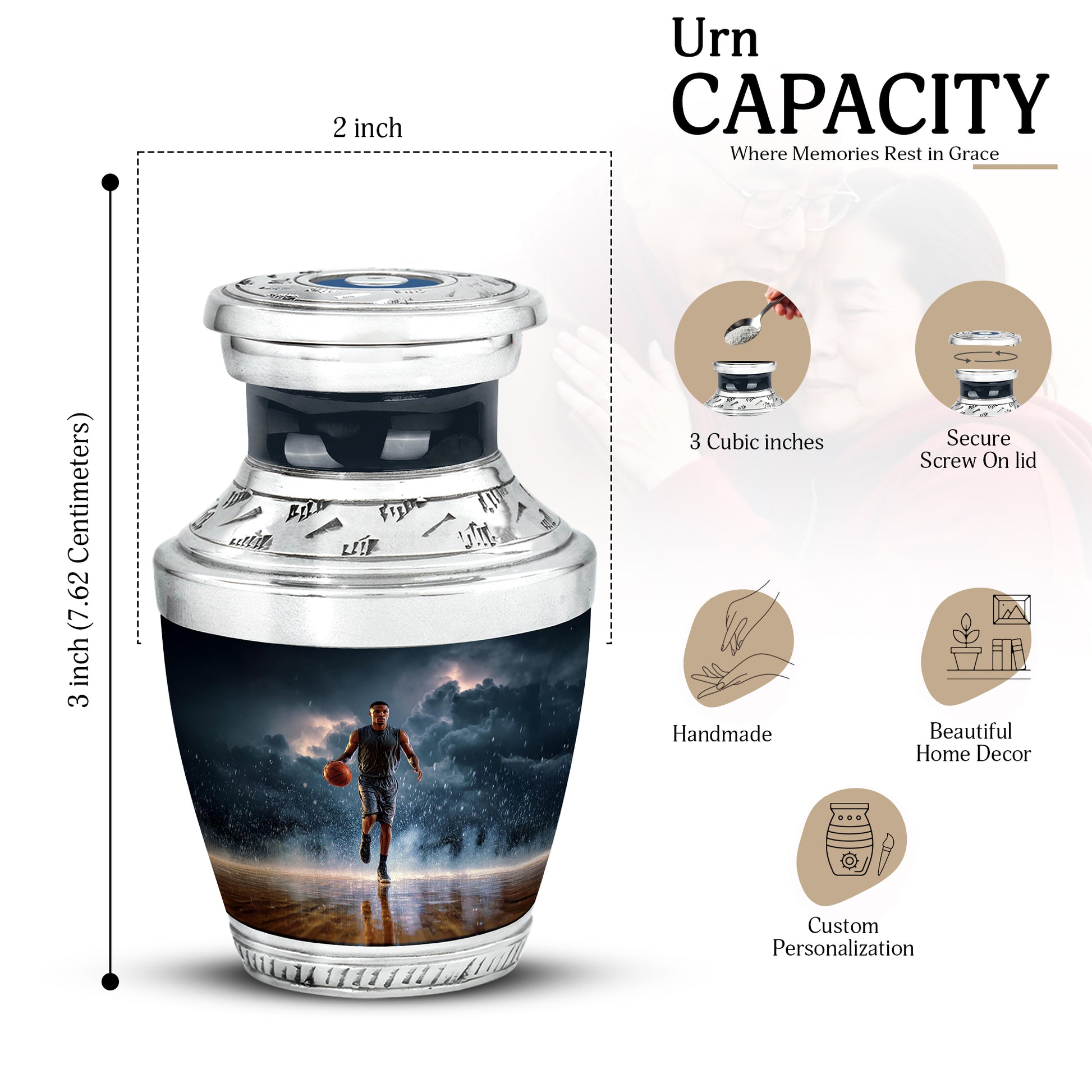 Cornflower Blue Basketball Cremation Urn top-down view of secure threaded lid - artistic basketball interpretation with creative detail - mini keepsake memorial for portion of cremation ashes