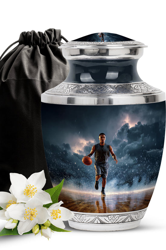 Twilight Blue Basketball Cremation Urn side profile showing urn shape - artistic basketball interpretation with creative detail - full-size 10 inch 200 cubic inch adult cremation urn