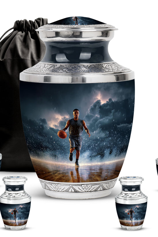 Sapphire Blue Basketball Cremation Urn lifestyle display on memorial shelf - stylized abstract basketball pattern with bold lines - memorial set with one large and four small urns