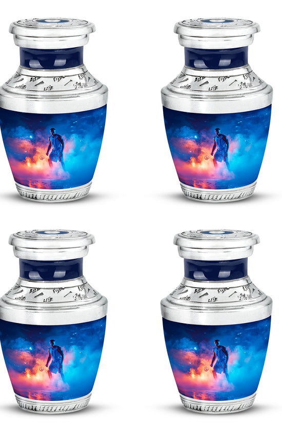 Calming Blue Basketball Cremation Urn back view with polished surface - stylized abstract basketball pattern with bold lines - 10 inch aluminum urn for cremated remains
