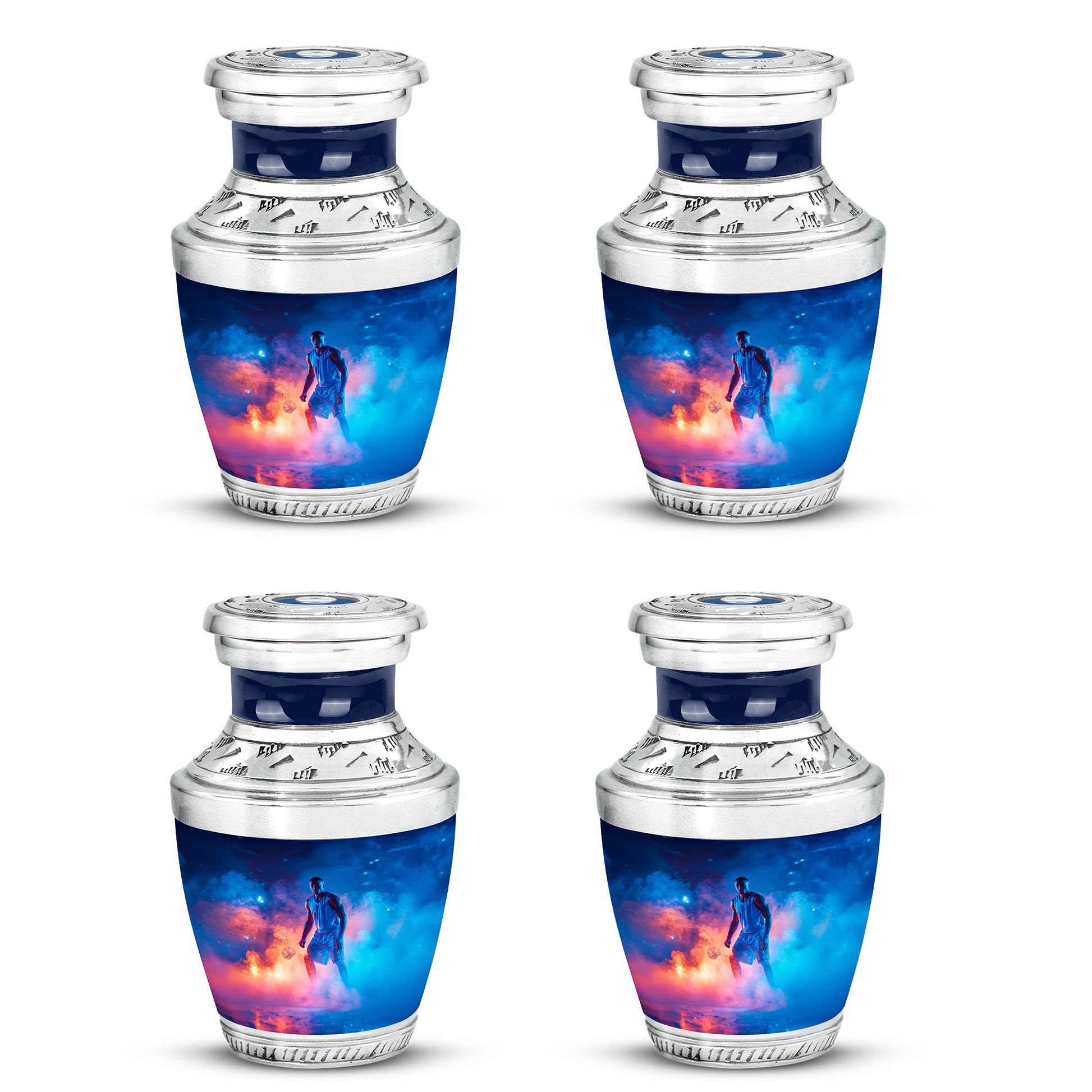 Calming Blue Basketball Cremation Urn back view with polished surface - stylized abstract basketball pattern with bold lines - 10 inch aluminum urn for cremated remains