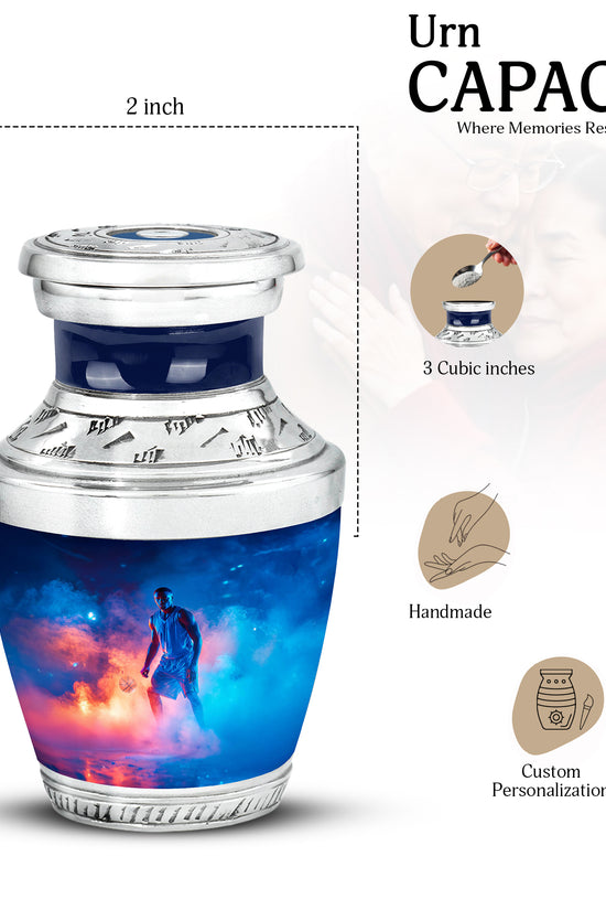 Vivid Blue Basketball Cremation Urn top-down view of secure threaded lid - stylized abstract basketball pattern with bold lines - mini keepsake memorial for portion of cremation ashes