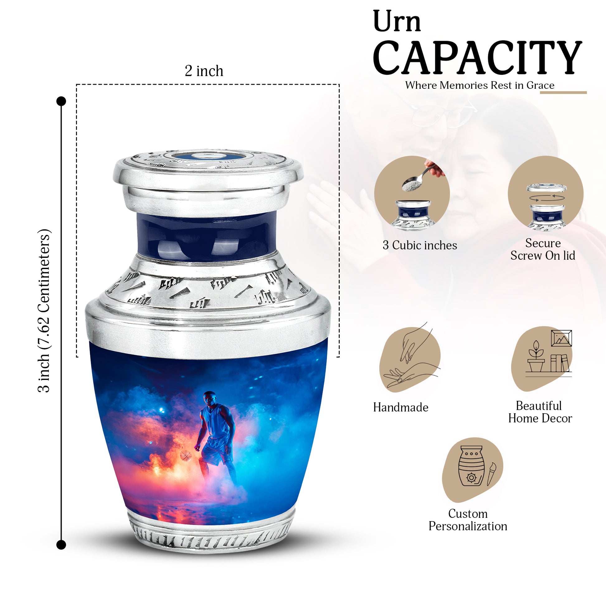 Vivid Blue Basketball Cremation Urn top-down view of secure threaded lid - stylized abstract basketball pattern with bold lines - mini keepsake memorial for portion of cremation ashes