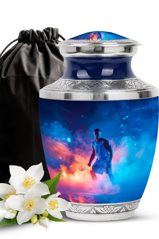 Soft Blue Basketball Cremation Urn side profile showing urn shape - artistic basketball interpretation with creative detail - full-size 10 inch 200 cubic inch adult cremation urn