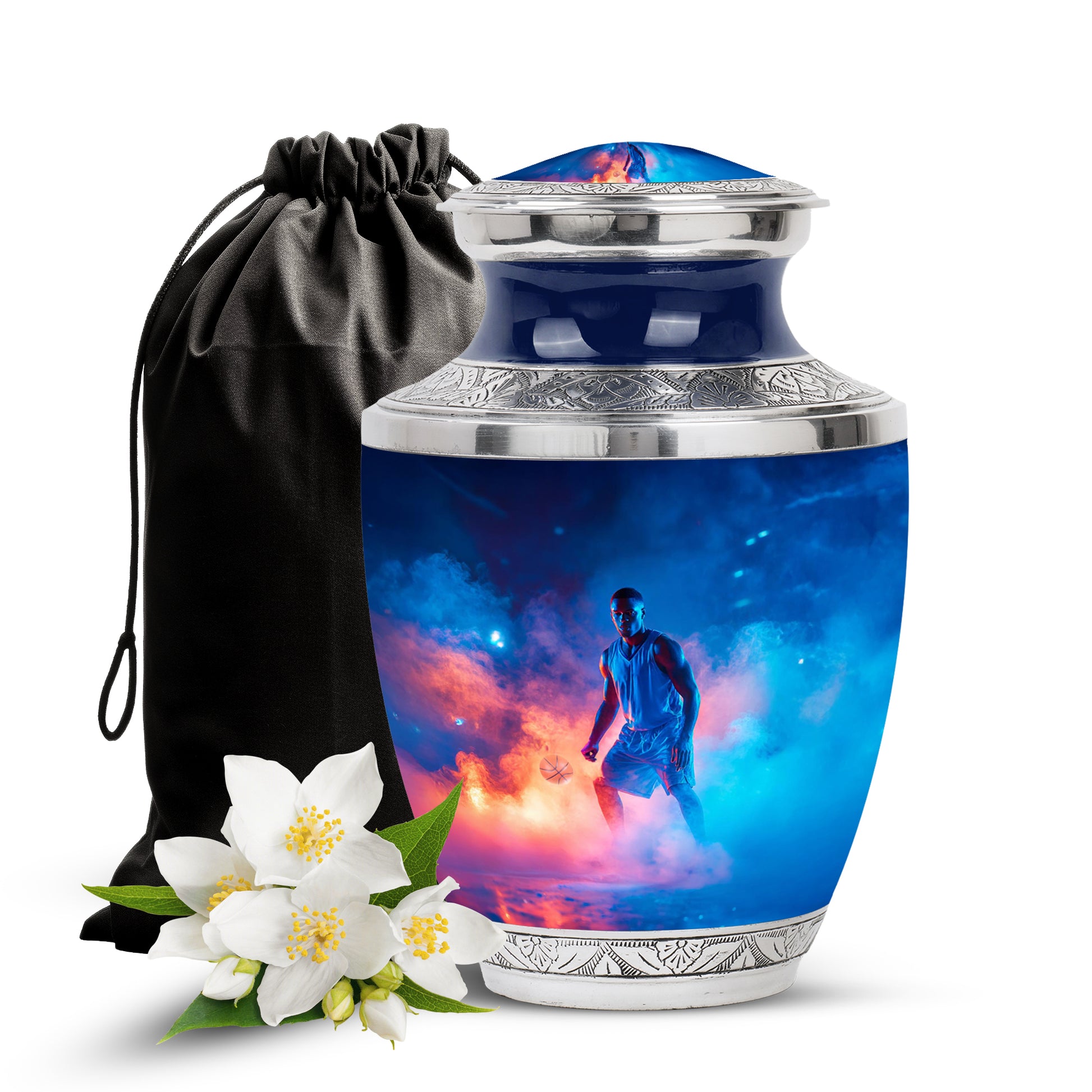 Soft Blue Basketball Cremation Urn side profile showing urn shape - artistic basketball interpretation with creative detail - full-size 10 inch 200 cubic inch adult cremation urn