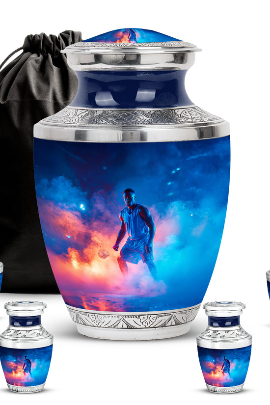 Icy Blue Basketball Cremation Urn lifestyle display on memorial shelf - contemporary basketball design with modern artistic flair - memorial set with one large and four small urns