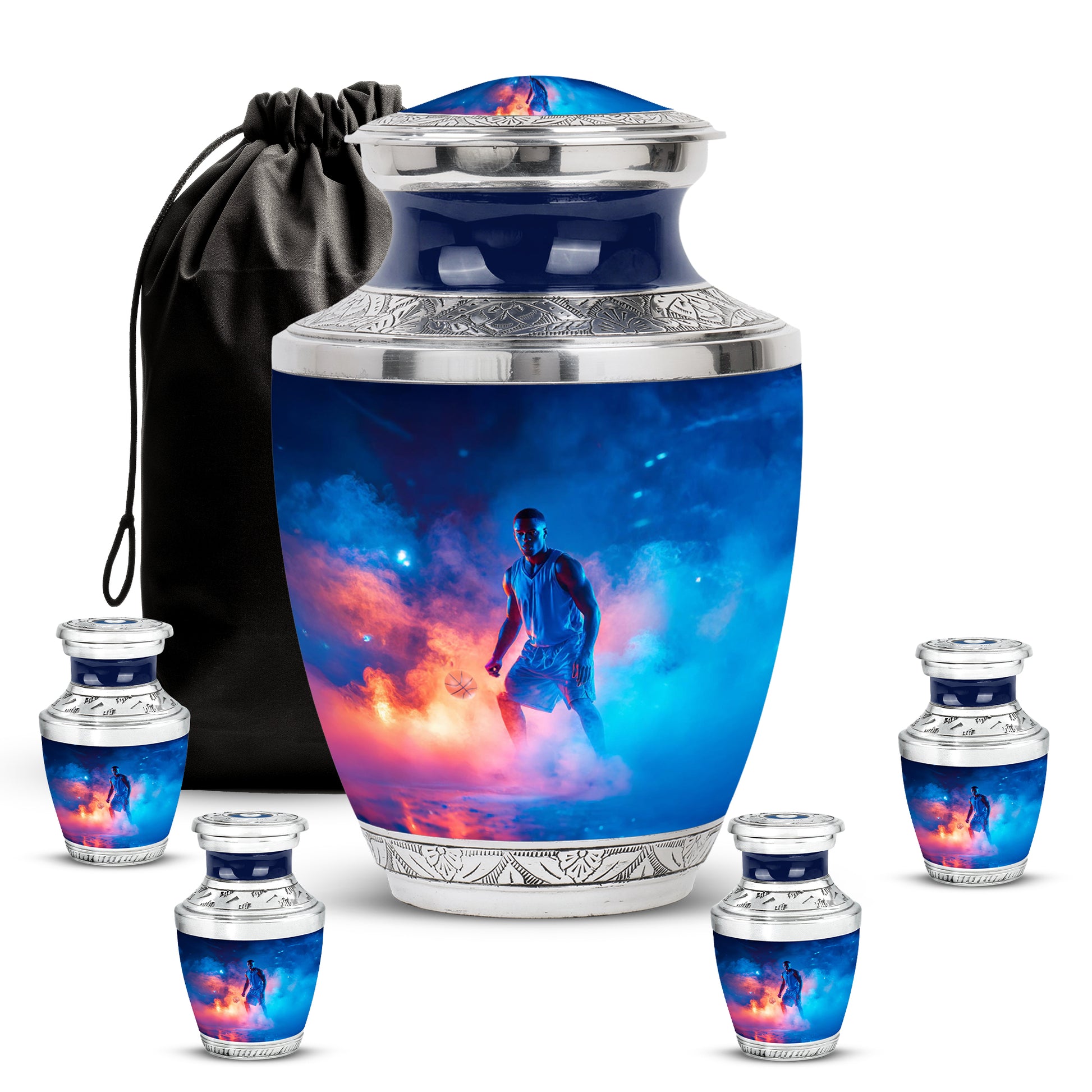 Icy Blue Basketball Cremation Urn lifestyle display on memorial shelf - contemporary basketball design with modern artistic flair - memorial set with one large and four small urns