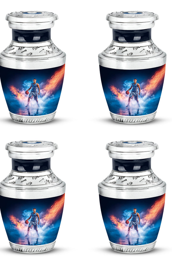 Celestial Blue Basketball Cremation Urn back view with polished surface - modern art-inspired basketball motif on sleek aluminum - 10 inch aluminum urn for cremated remains