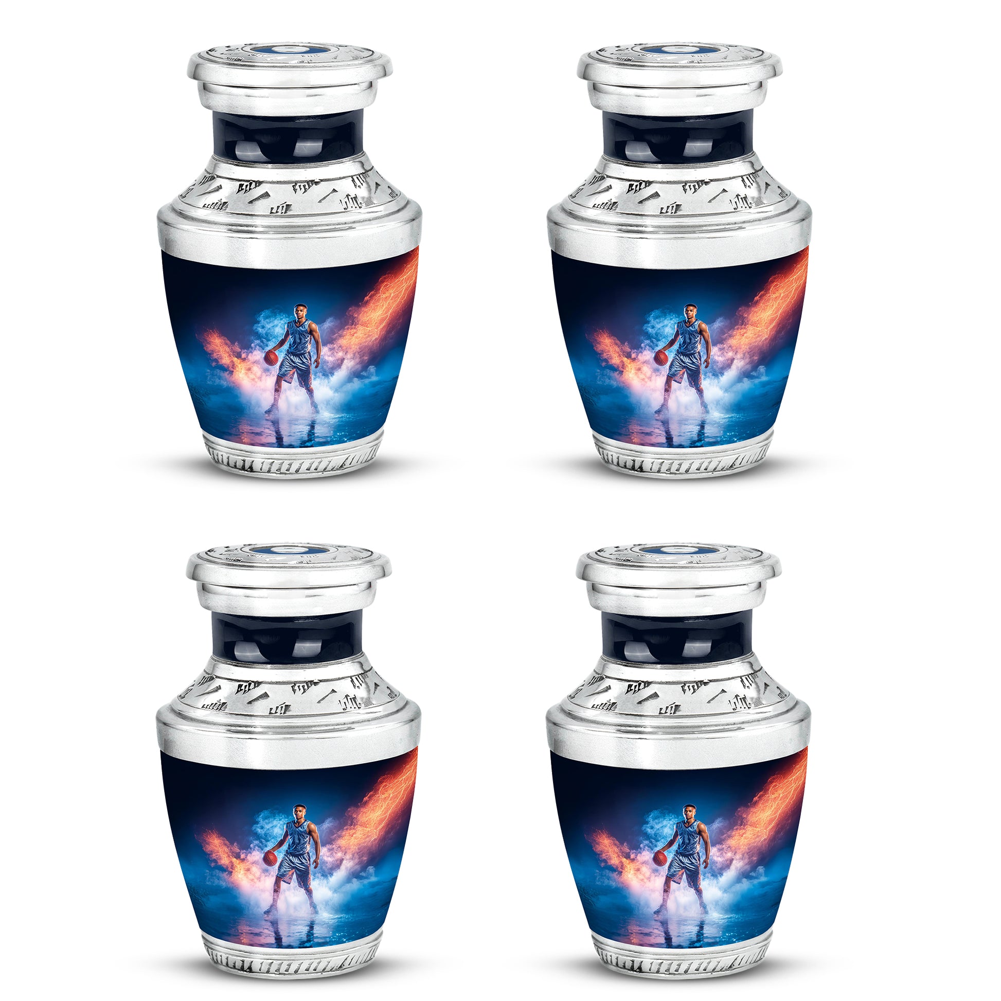 Celestial Blue Basketball Cremation Urn back view with polished surface - modern art-inspired basketball motif on sleek aluminum - 10 inch aluminum urn for cremated remains