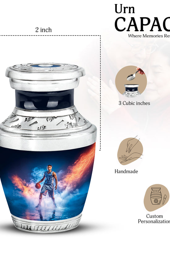 Steel Blue Basketball Cremation Urn top-down view of secure threaded lid - artistic basketball interpretation with creative detail - mini keepsake memorial for portion of cremation ashes