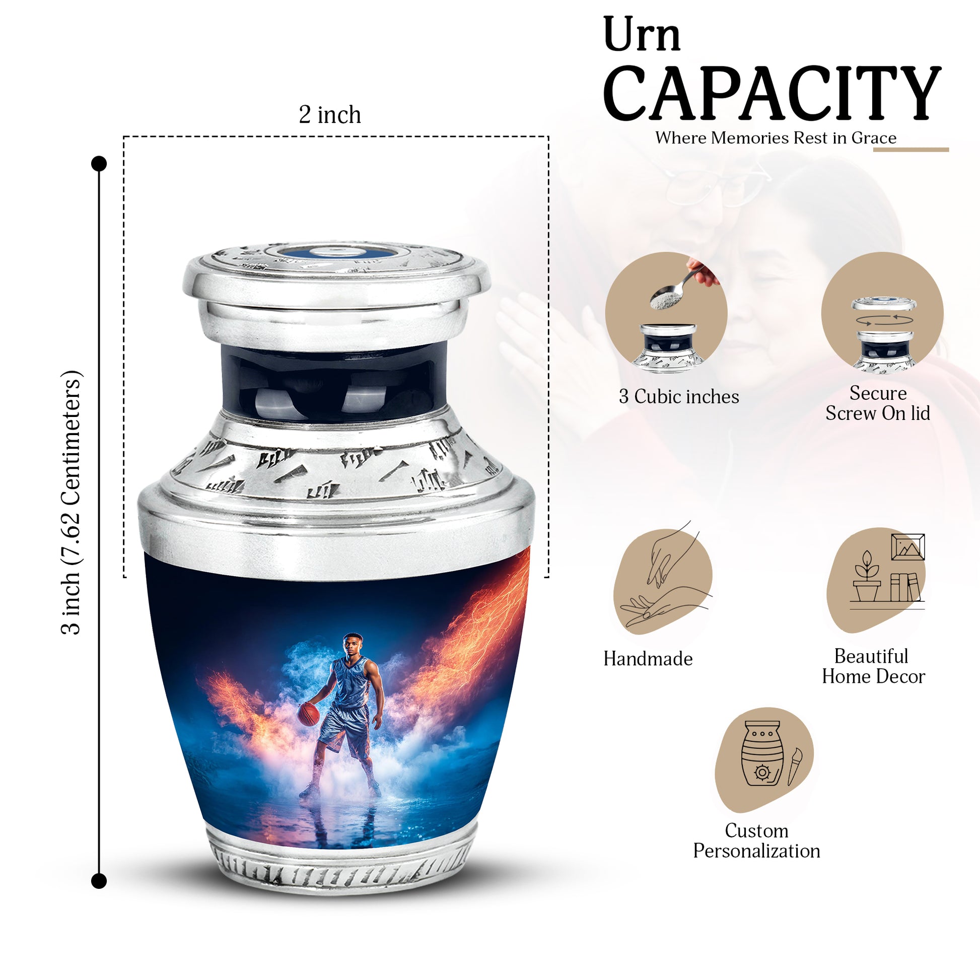 Steel Blue Basketball Cremation Urn top-down view of secure threaded lid - artistic basketball interpretation with creative detail - mini keepsake memorial for portion of cremation ashes