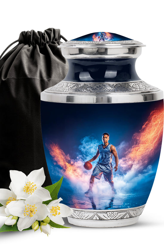 Navy Blue Basketball Cremation Urn side profile showing urn shape - modern art-inspired basketball motif on sleek aluminum - full-size 10 inch 200 cubic inch adult cremation urn
