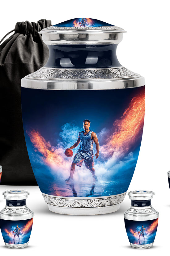 Soft Blue Basketball Cremation Urn lifestyle display on memorial shelf - stylized abstract basketball pattern with bold lines - memorial set with one large and four small urns
