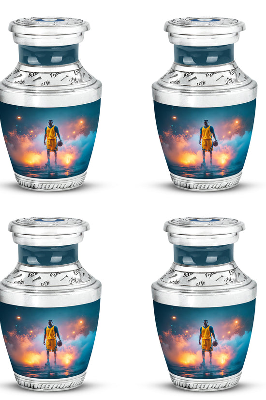 Aqua Teal Basketball Cremation Urn back view with polished surface - stylized abstract basketball pattern with bold lines - 10 inch aluminum urn for cremated remains