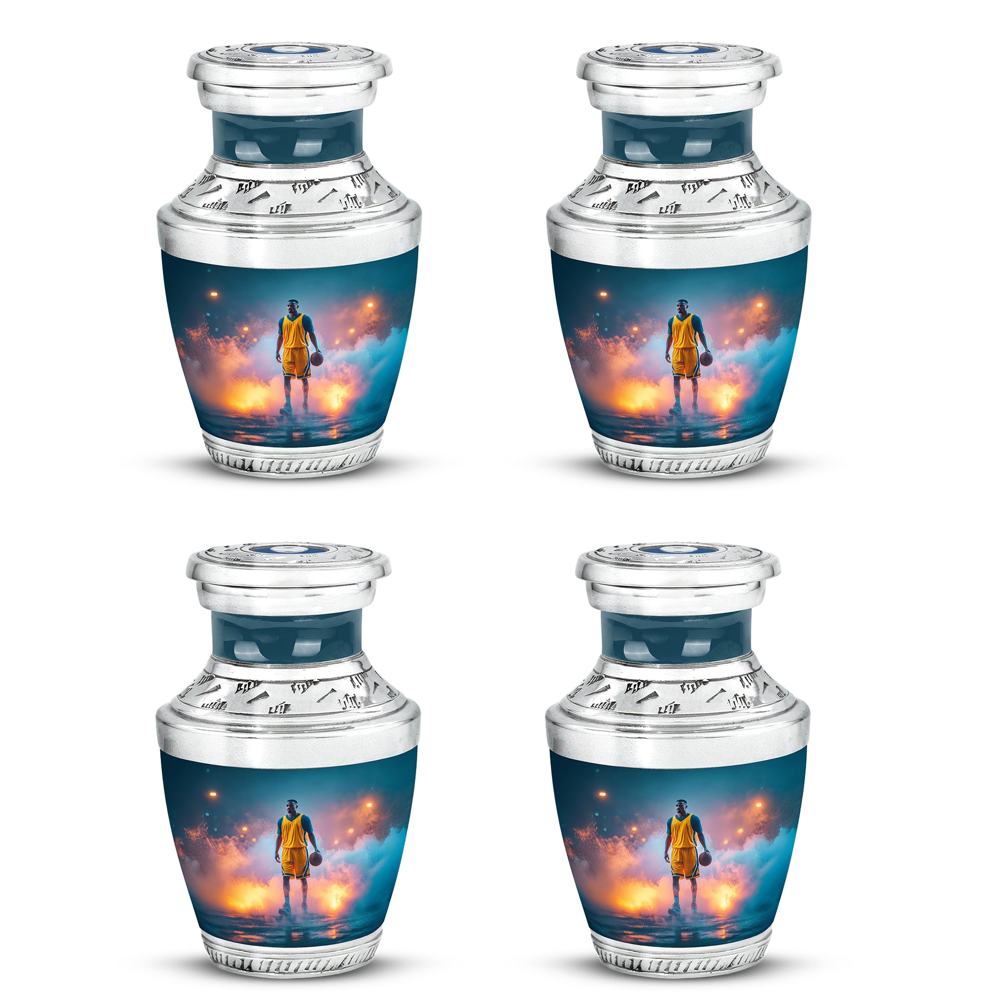 Aqua Teal Basketball Cremation Urn back view with polished surface - stylized abstract basketball pattern with bold lines - 10 inch aluminum urn for cremated remains