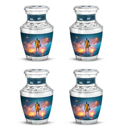Aqua Teal Basketball Cremation Urn back view with polished surface - stylized abstract basketball pattern with bold lines - 10 inch aluminum urn for cremated remains