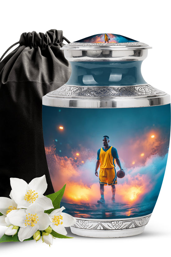 Mystic Teal Basketball Cremation Urn side profile showing urn shape - artistic basketball interpretation with creative detail - full-size 10 inch 200 cubic inch adult cremation urn