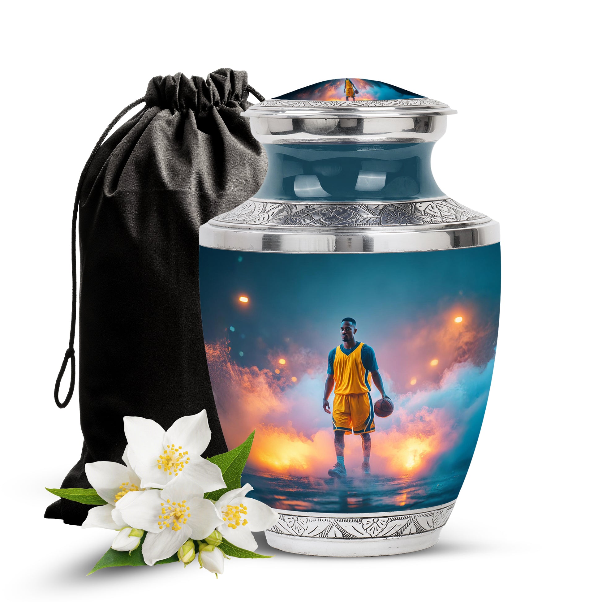 Mystic Teal Basketball Cremation Urn side profile showing urn shape - artistic basketball interpretation with creative detail - full-size 10 inch 200 cubic inch adult cremation urn