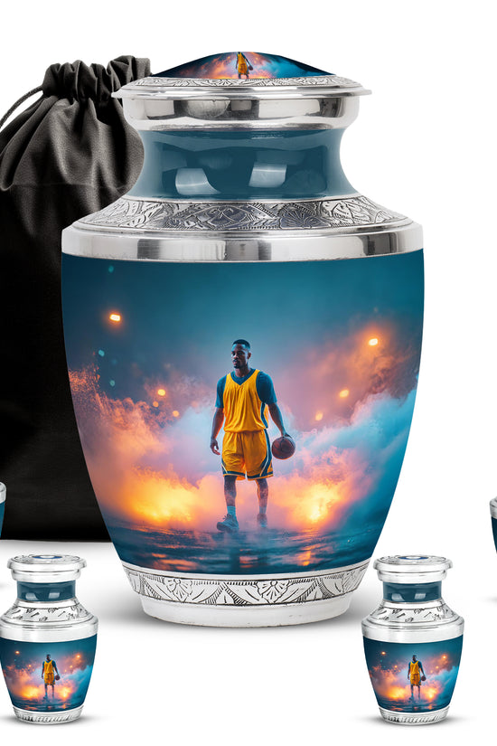 Soft Teal Basketball Cremation Urn lifestyle display on memorial shelf - contemporary basketball design with modern artistic flair - memorial set with one large and four small urns