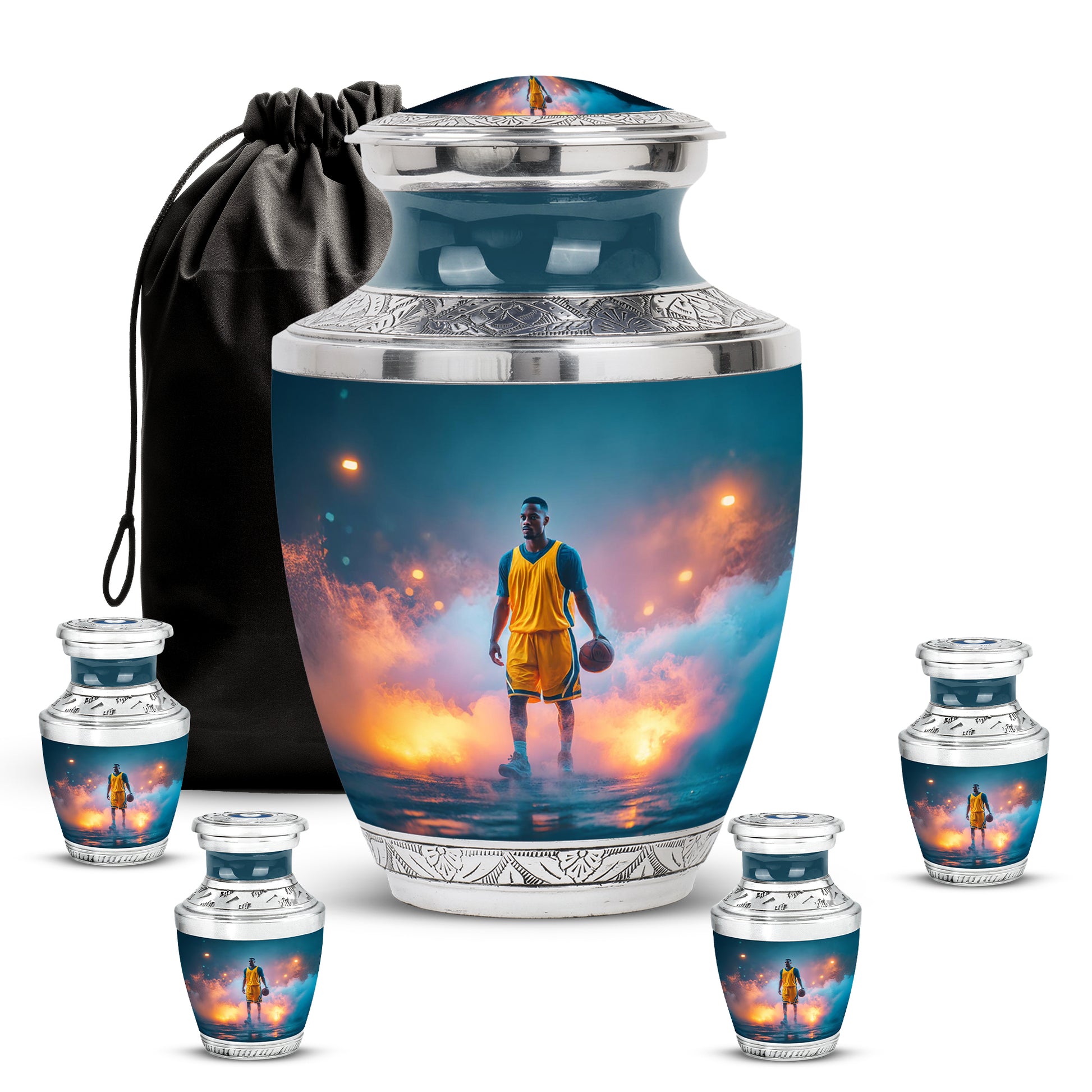 Soft Teal Basketball Cremation Urn lifestyle display on memorial shelf - contemporary basketball design with modern artistic flair - memorial set with one large and four small urns
