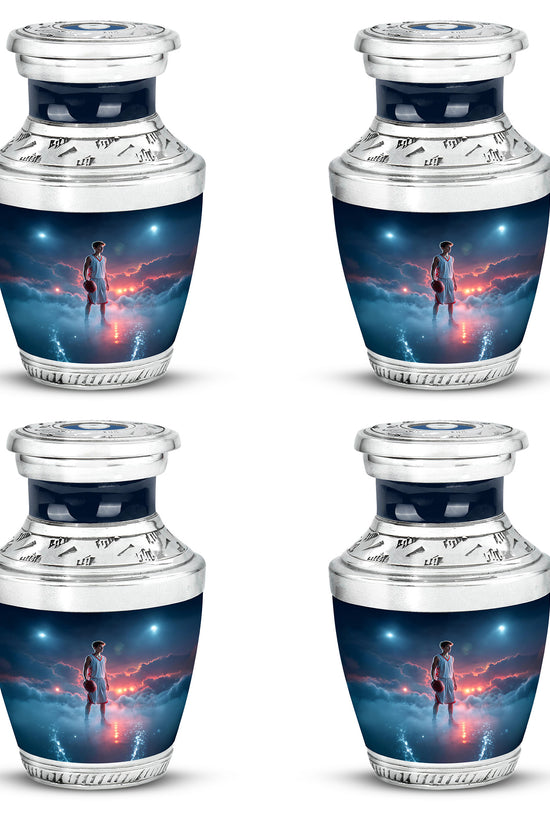 Soft Blue Basketball Cremation Urn back view with polished surface - artistic basketball interpretation with creative detail - 10 inch aluminum urn for cremated remains