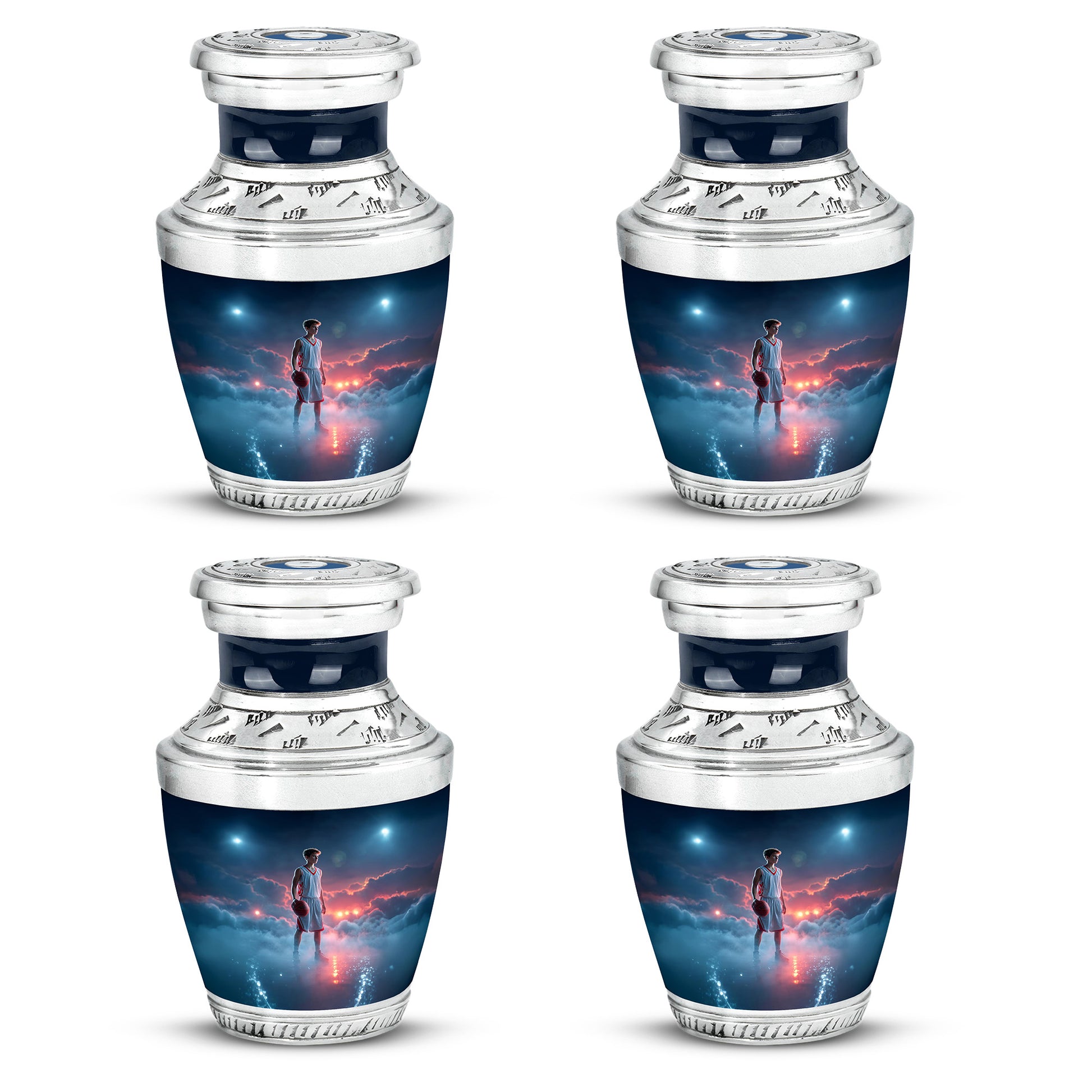 Soft Blue Basketball Cremation Urn back view with polished surface - artistic basketball interpretation with creative detail - 10 inch aluminum urn for cremated remains
