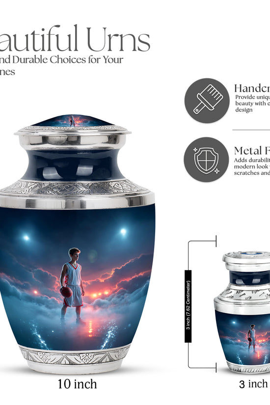 Royal Blue Basketball Cremation Urn top-down view of secure threaded lid - stylized abstract basketball pattern with bold lines - mini keepsake memorial for portion of cremation ashes