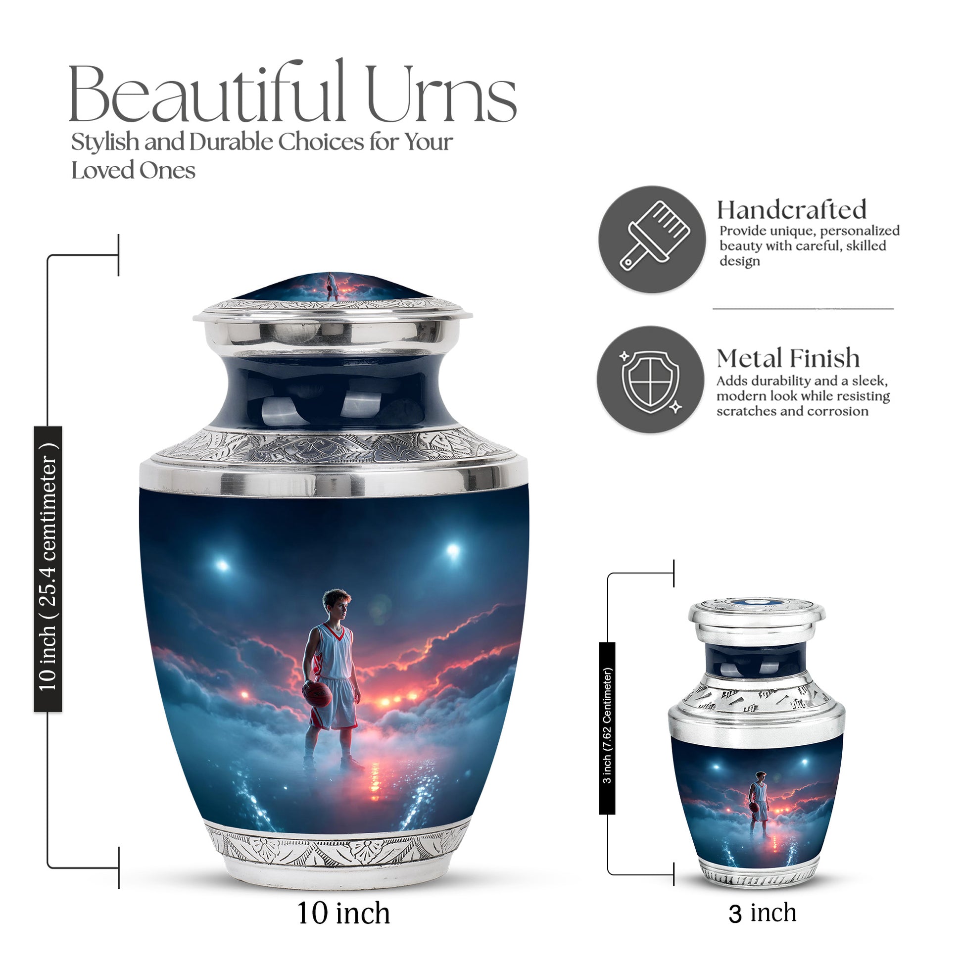 Royal Blue Basketball Cremation Urn top-down view of secure threaded lid - stylized abstract basketball pattern with bold lines - mini keepsake memorial for portion of cremation ashes
