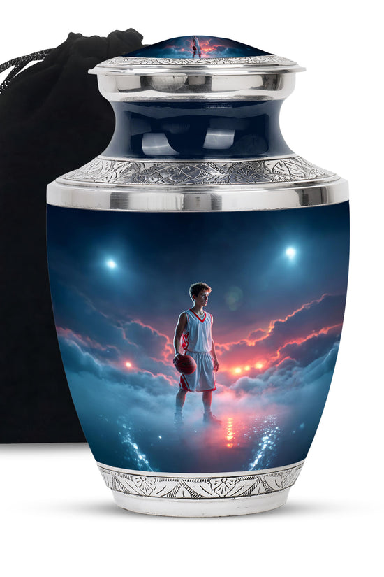 Powder Blue Basketball Cremation Urn side profile showing urn shape - modern art-inspired basketball motif on sleek aluminum - full-size 10 inch 200 cubic inch adult cremation urn