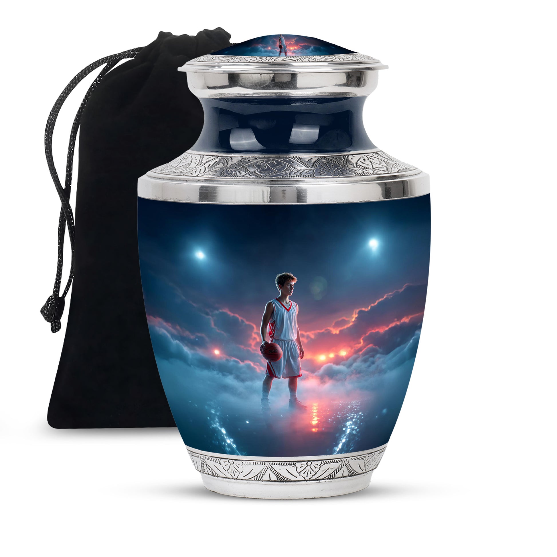Powder Blue Basketball Cremation Urn side profile showing urn shape - modern art-inspired basketball motif on sleek aluminum - full-size 10 inch 200 cubic inch adult cremation urn