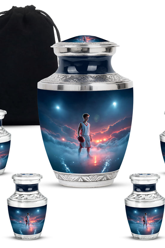 Twilight Blue Basketball Cremation Urn lifestyle display on memorial shelf - stylized abstract basketball pattern with bold lines - memorial set with one large and four small urns