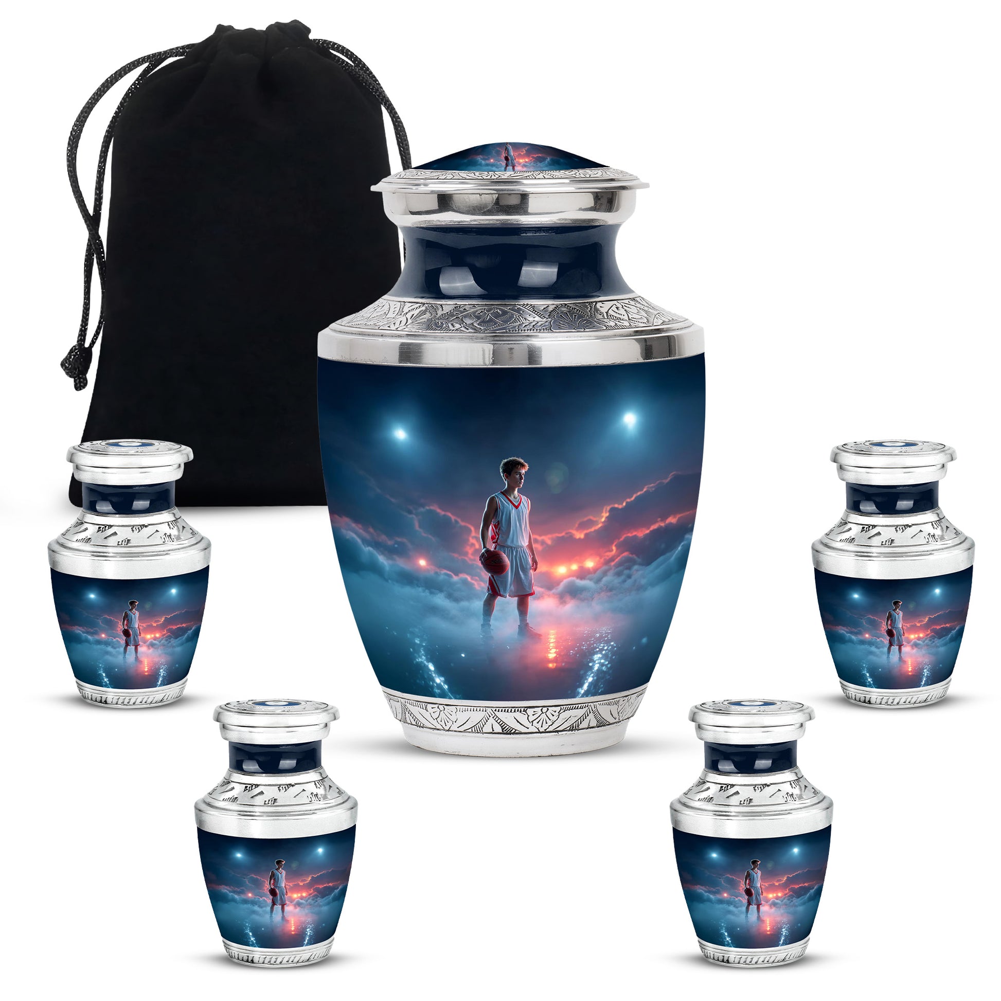 Twilight Blue Basketball Cremation Urn lifestyle display on memorial shelf - stylized abstract basketball pattern with bold lines - memorial set with one large and four small urns