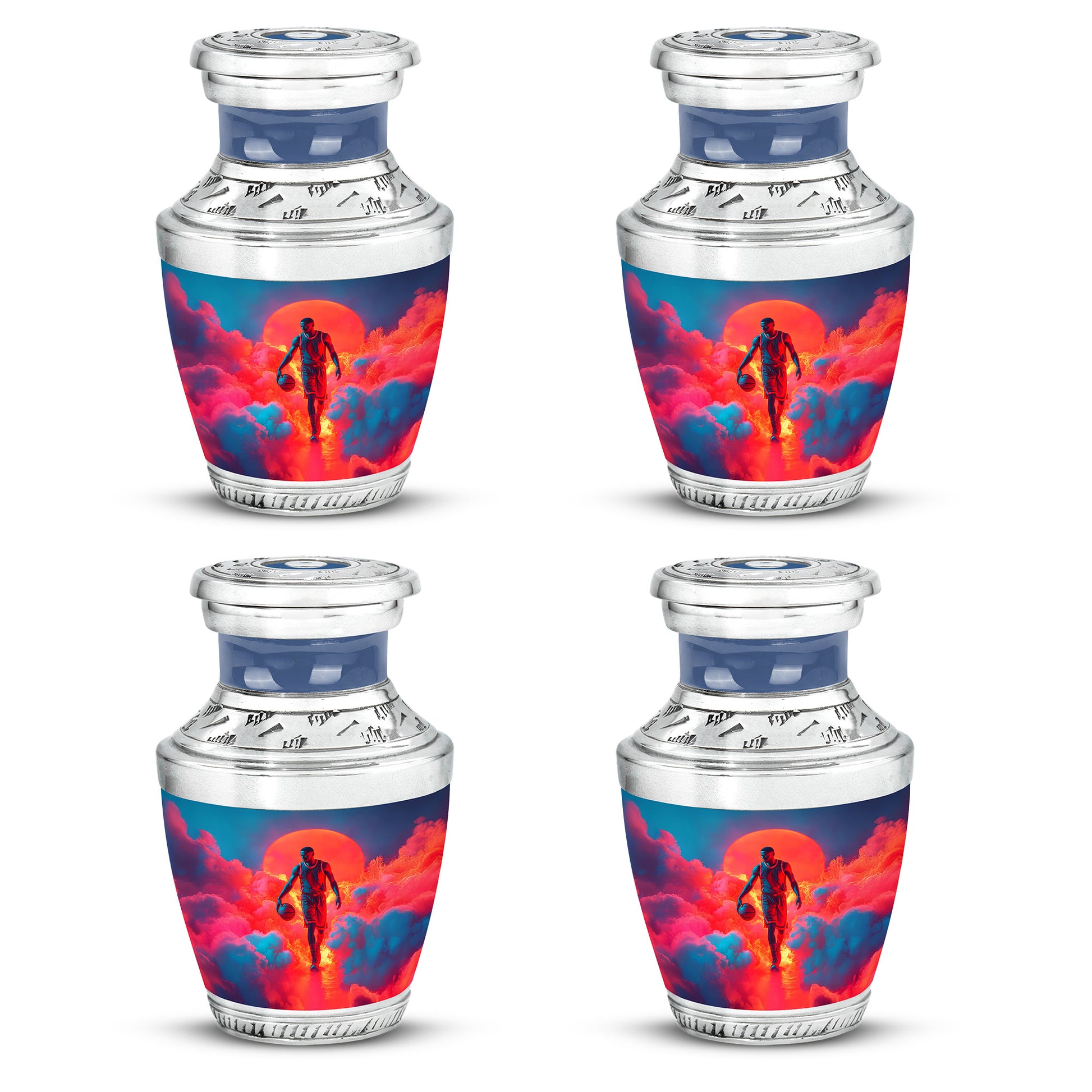 Royal Blue Basketball Cremation Urn back view with polished surface - artistic basketball interpretation with creative detail - 10 inch aluminum urn for cremated remains