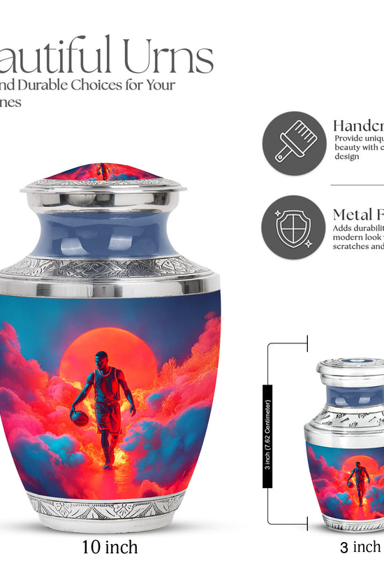 Misty Blue Basketball Cremation Urn top-down view of secure threaded lid - modern art-inspired basketball motif on sleek aluminum - mini keepsake memorial for portion of cremation ashes