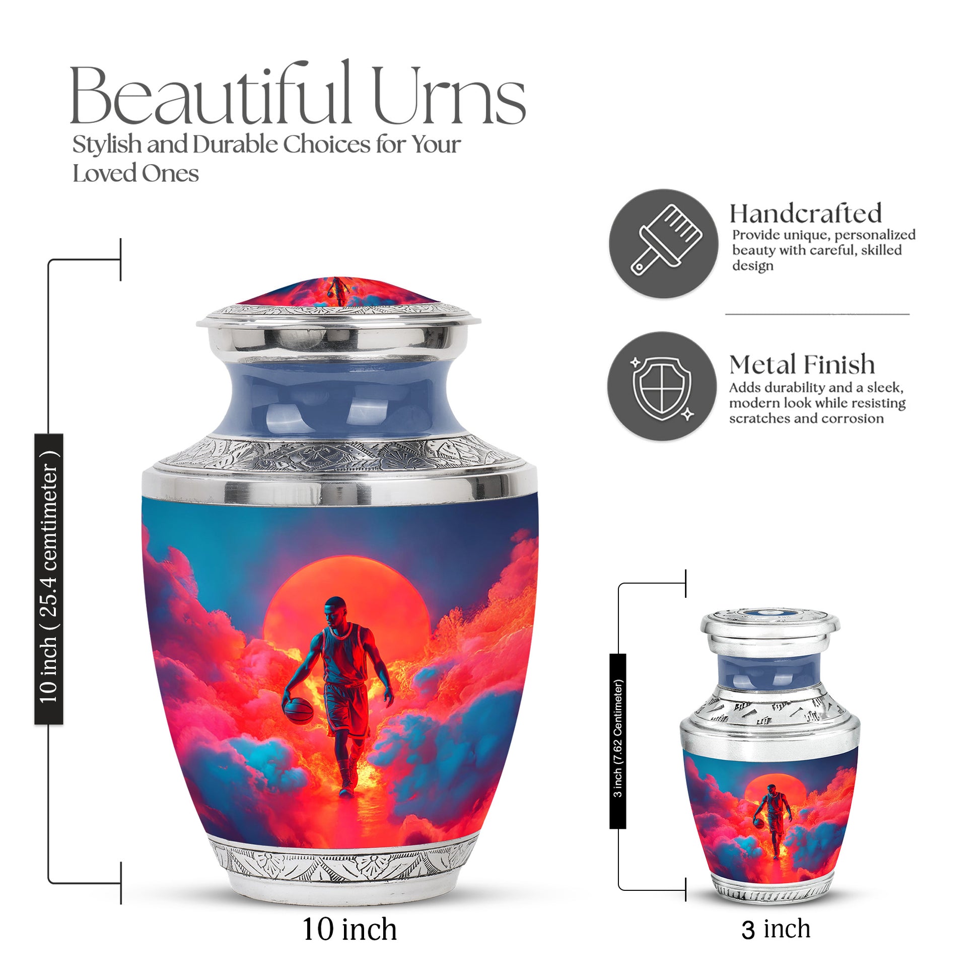 Misty Blue Basketball Cremation Urn top-down view of secure threaded lid - modern art-inspired basketball motif on sleek aluminum - mini keepsake memorial for portion of cremation ashes