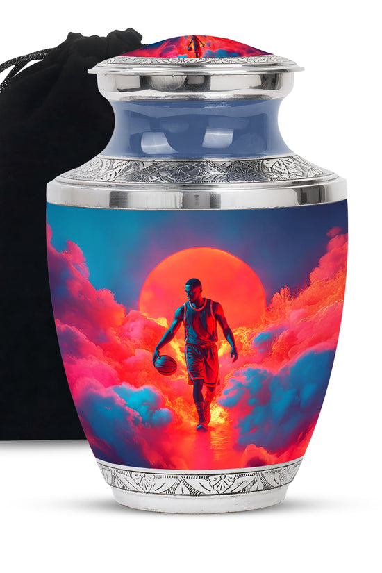 Steel Blue Basketball Cremation Urn side profile showing urn shape - artistic basketball interpretation with creative detail - full-size 10 inch 200 cubic inch adult cremation urn