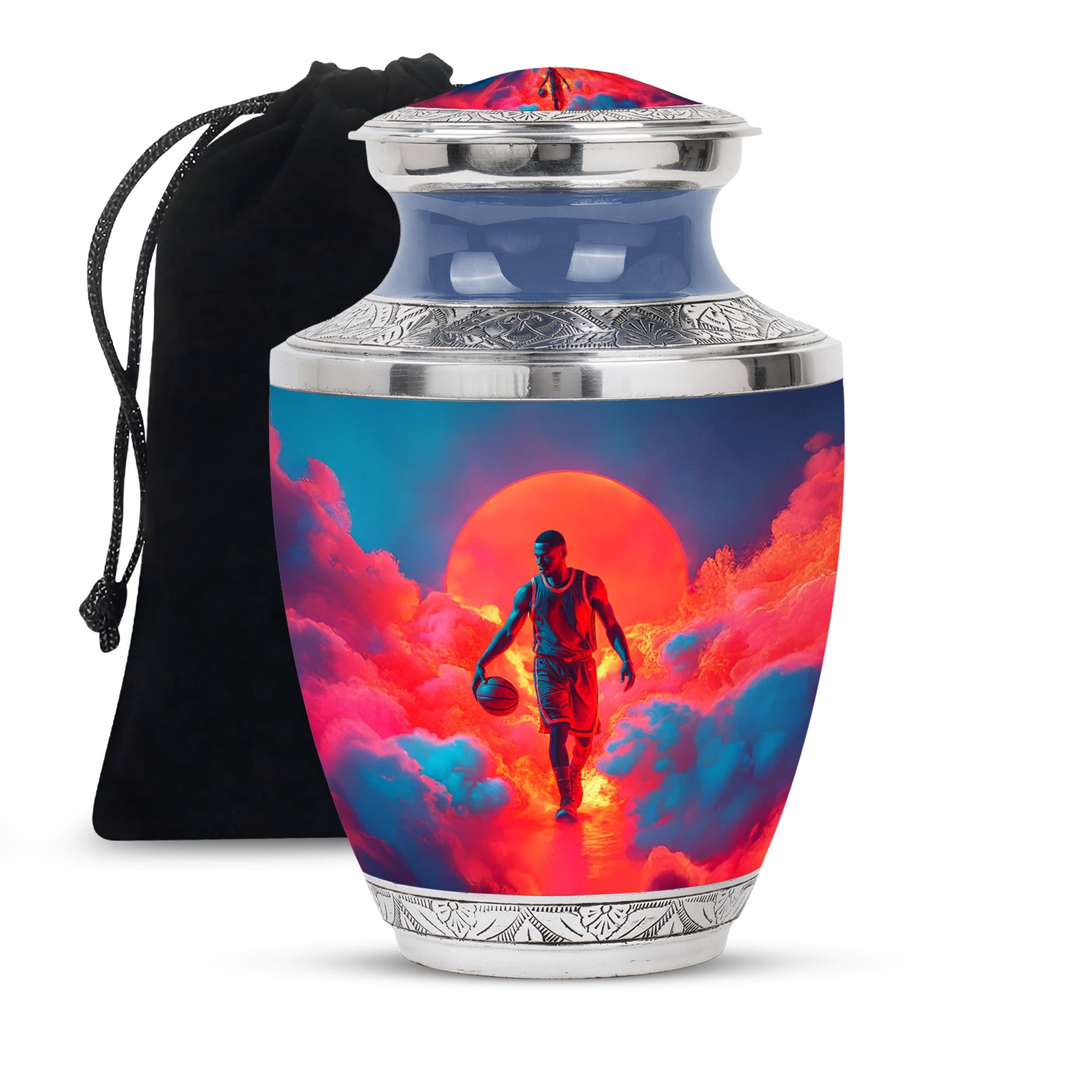Steel Blue Basketball Cremation Urn side profile showing urn shape - artistic basketball interpretation with creative detail - full-size 10 inch 200 cubic inch adult cremation urn