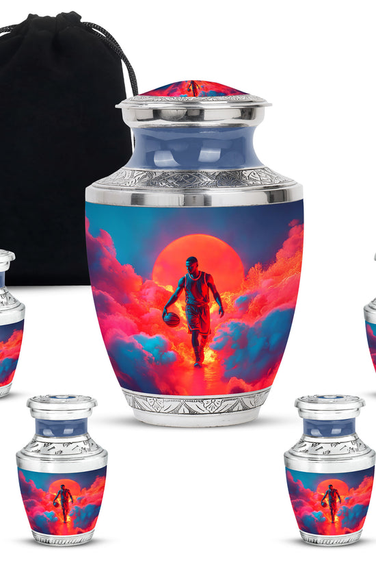 Indigo Basketball Cremation Urn lifestyle display on memorial shelf - modern art-inspired basketball motif on sleek aluminum - memorial set with one large and four small urns