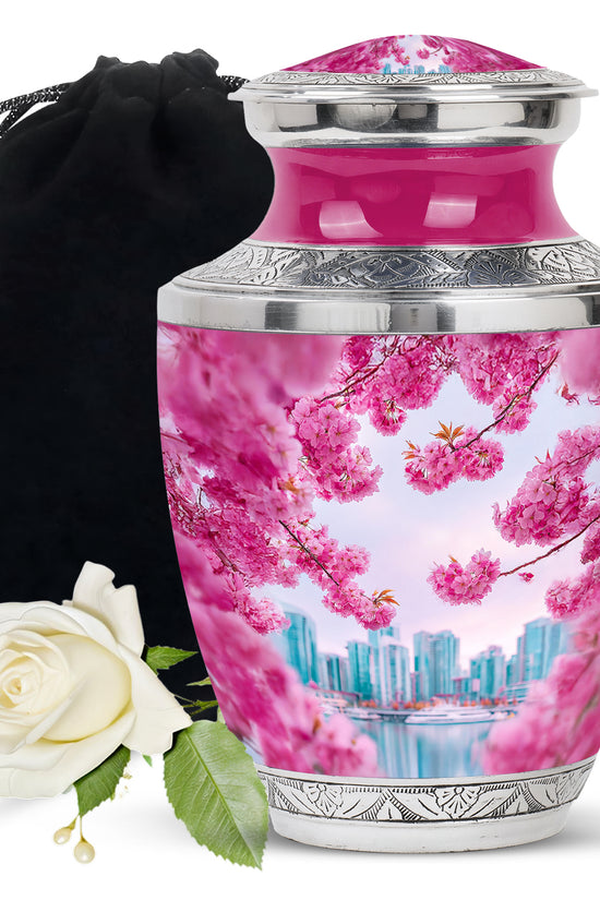 Cherry Blossom Cremation Urn- Pink Floral Memorial Urn For Burial