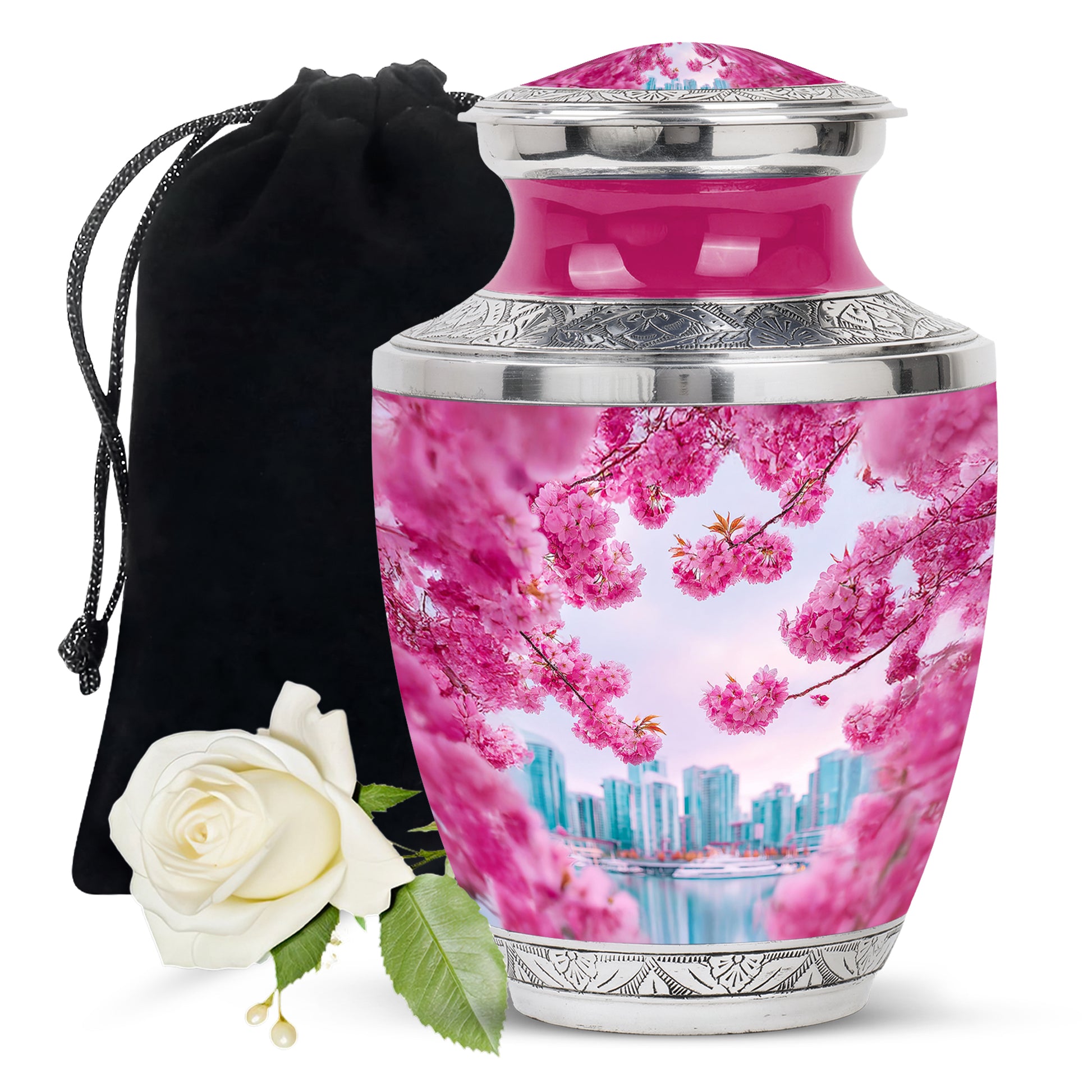 Cherry Blossom Cremation Urn- Pink Floral Memorial Urn For Burial