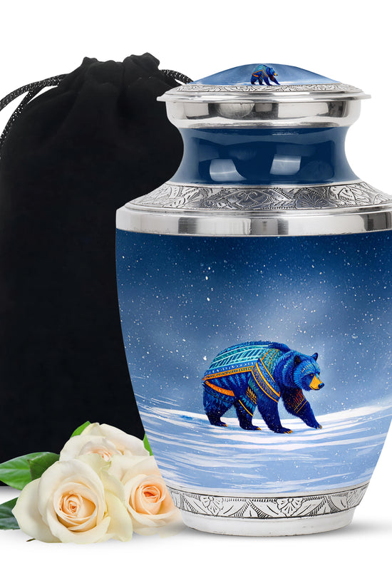 Blue Bear Cremation Urn - Tribal Wildlife Memorial Urn For Ashes