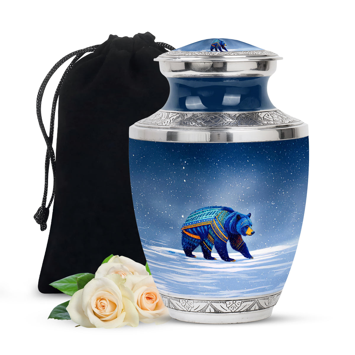 Blue Bear Cremation Urn - Tribal Wildlife Memorial Urn For Ashes