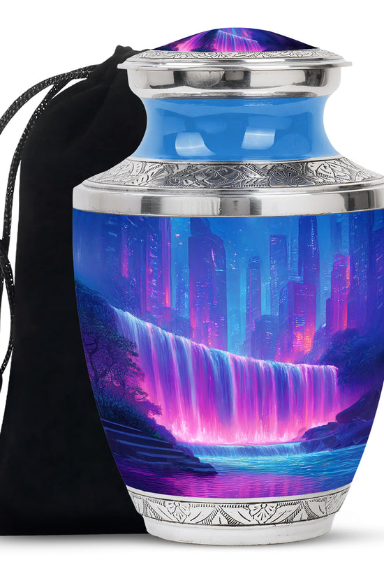 Neon Waterfall Funeral Urn For Ashes - City Memorial Urn For Burial